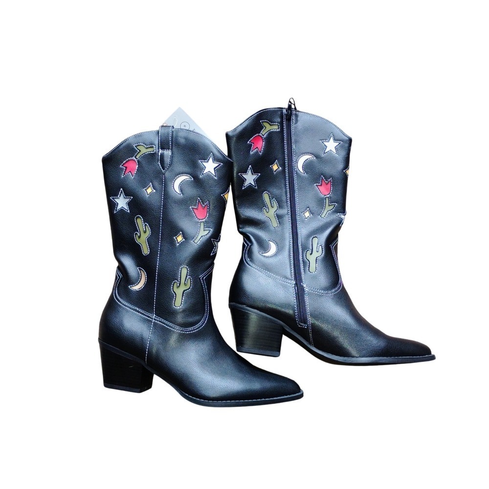 NWT No Boundaries Black Western Mid-Calf Boots with Red & Green Accents